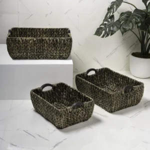 Astor Bohemian Farmhouse Handwoven Water Hyacinth Nesting Storage Baskets with Wood Handles