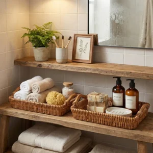 Rectangular Wicker Basket with Wooden Base, Medium Sized Wide Shelf Basket for Decorative Storage
